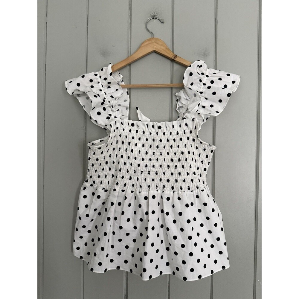 NWT River Island Top UK 8 US Small Spot Ruffle Polka Dot Black White Smocked NEW